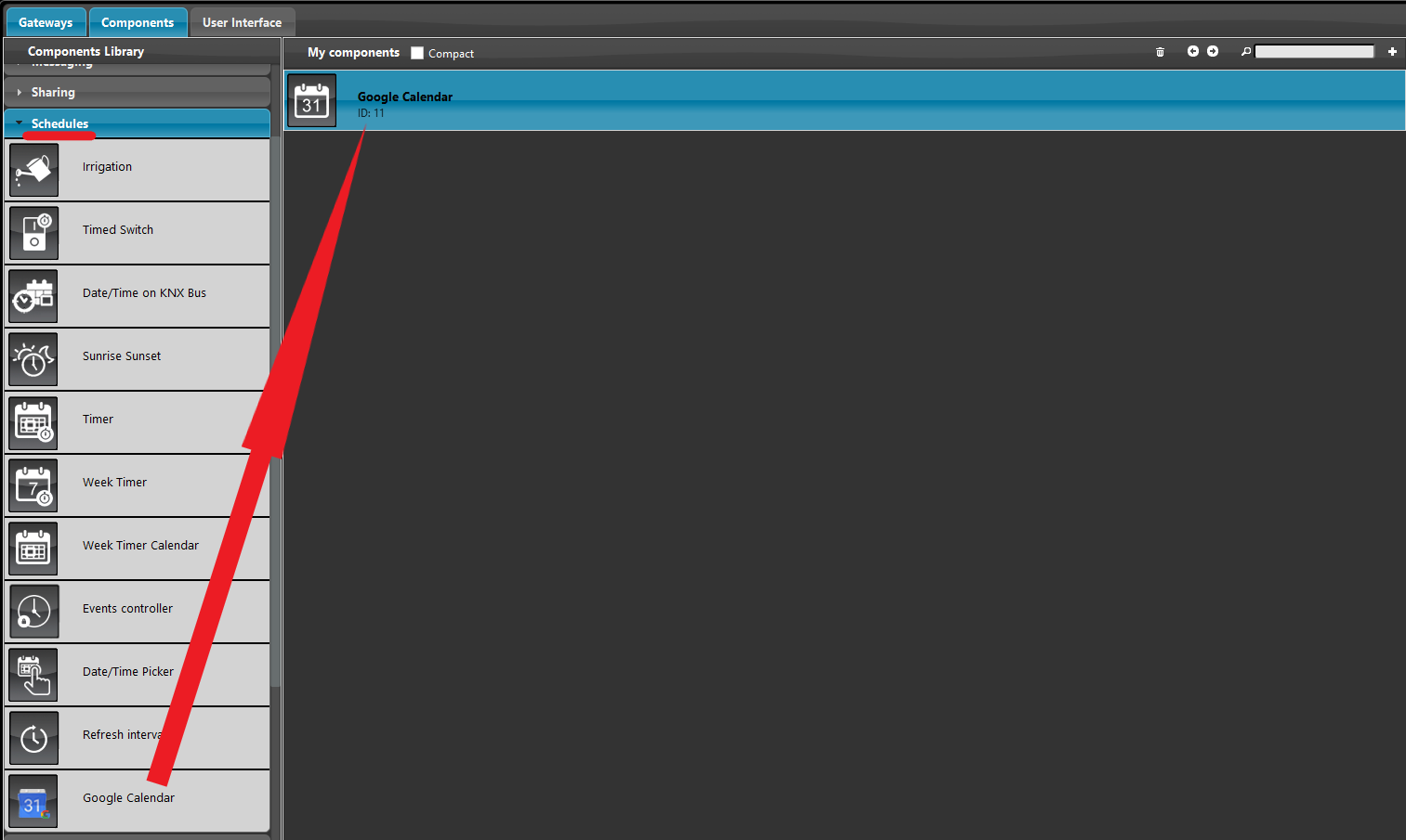 Google-calendar_Adding-component Adding the google calendar component within the Ilevia's configuration software.