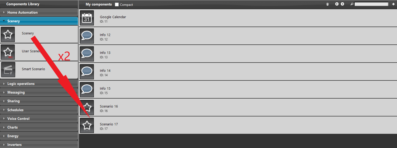 Google-calendar_Adding-scenario Adding the scenario that will be triggered, the first one once the event start and the other when the event stops.