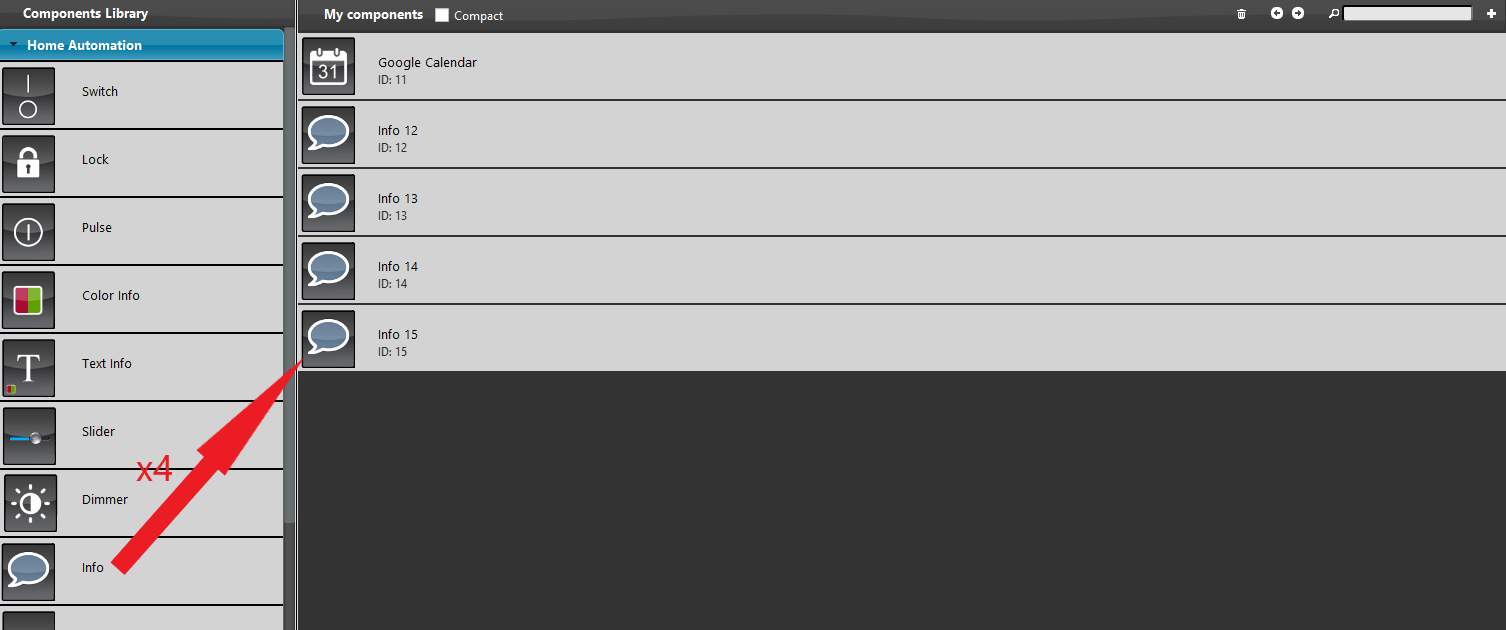Google-calendar_adding-info Adding the info component within the Ilevia's configuration software.