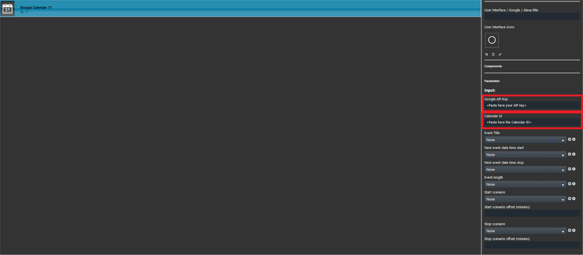 Google-calendar_component-configuration Adding the ID and API key within the Ilevia's configuration software.