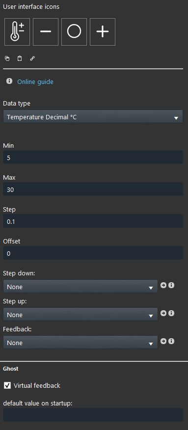 setpoint Properties of the set point component inside the Home automation software EVE Manager
