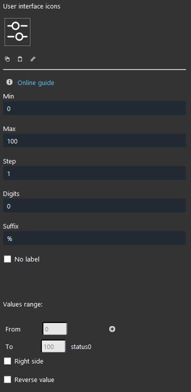 slider Proprietà del componente cursore all'interno del software per la configurazione domotica EVE Manager Pro