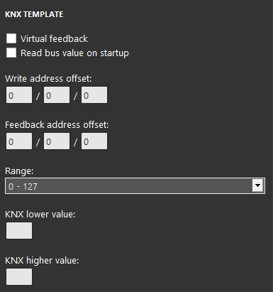 slider knx Rappresentazione proprietà KNX del componente cursore all'interno del software di configurazione di Ilevia EVE Manager.