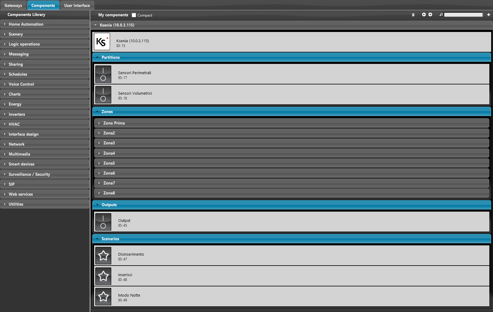 Ksenia-integration_Step5-1 Ksenia components within the Ilevia configuration software.