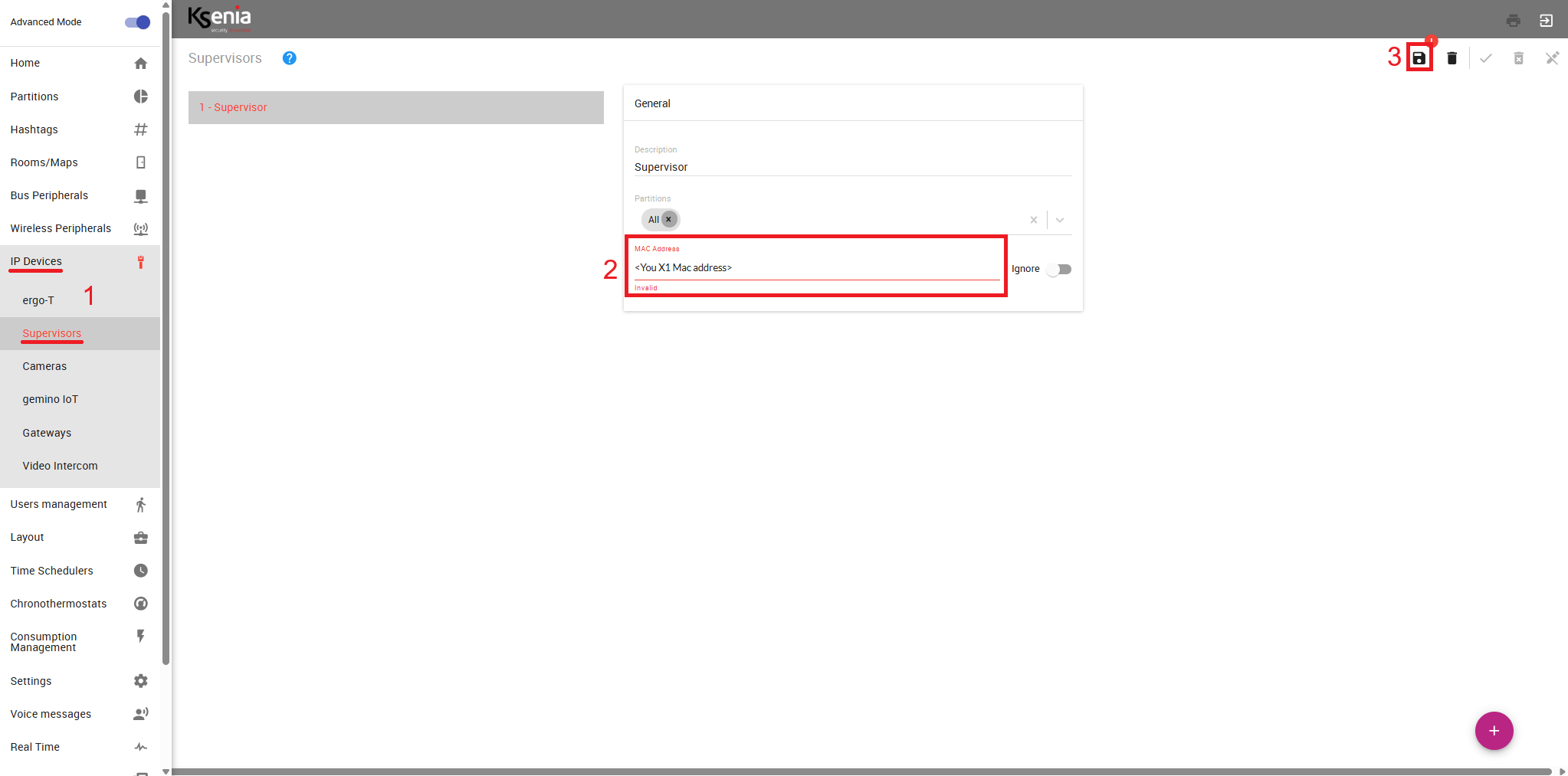 Ksenia-webinterface_step2 Setting the Ilevia Mac address of the X1 server.
