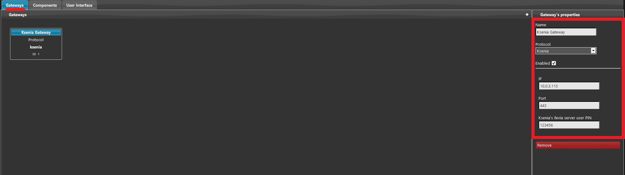 Ksenia-integration_step4.1 Ksenia's gateway properties within the Ilevia manager confiugration.