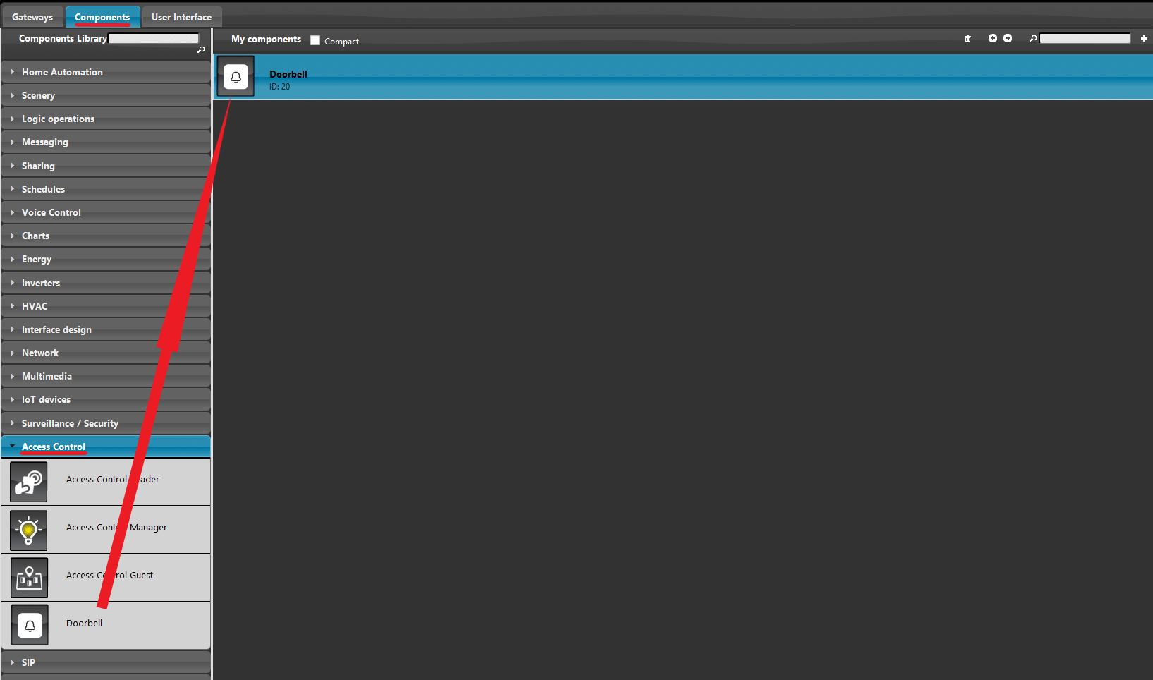 Doorbell-test_Step1 Adding the Doorbell component within the Ilevia's configuration software.