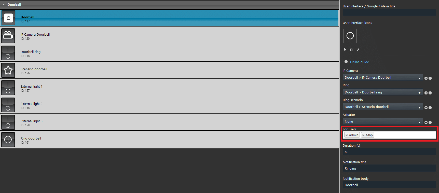 Doorbell-test_Step6 Select the users that will be included to the Doorbell call.