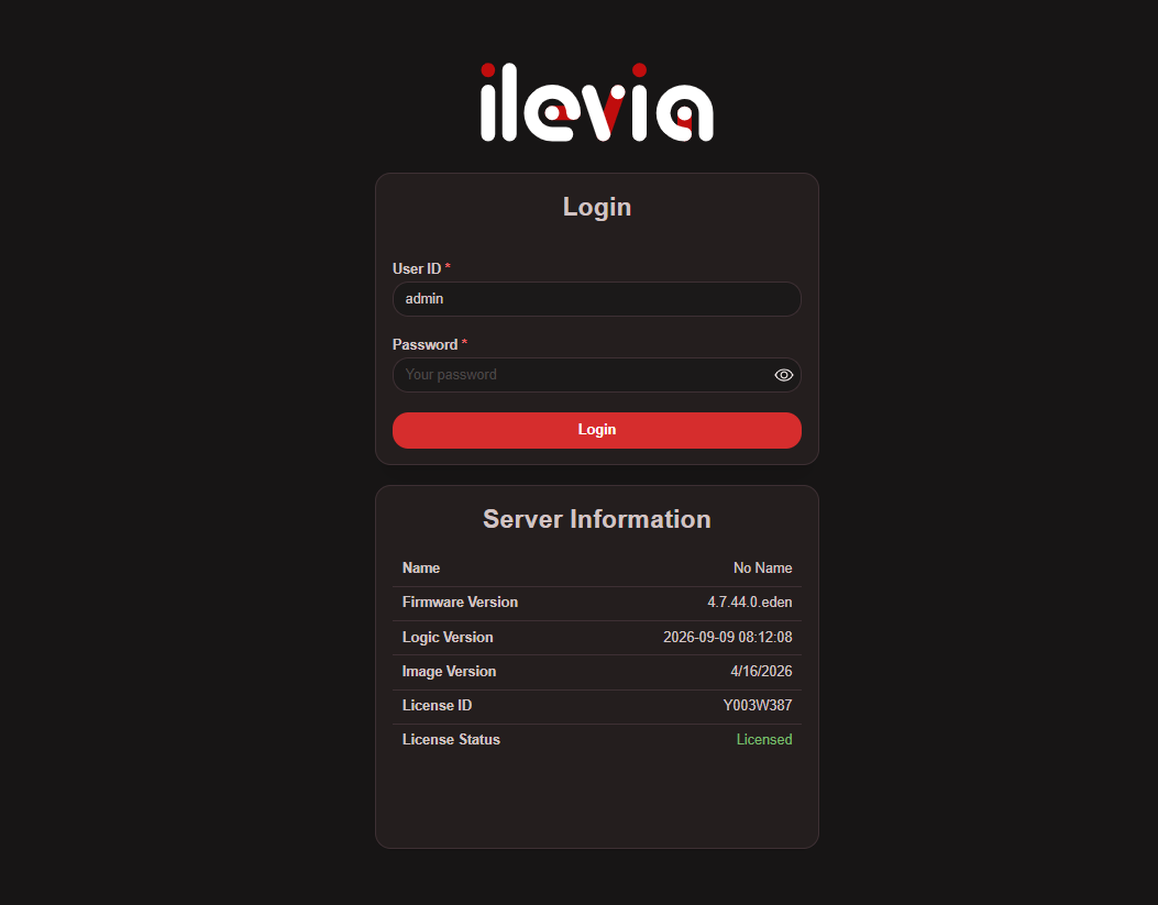 X1-Plus_web-interface Login in the Ilevia's server web interface.